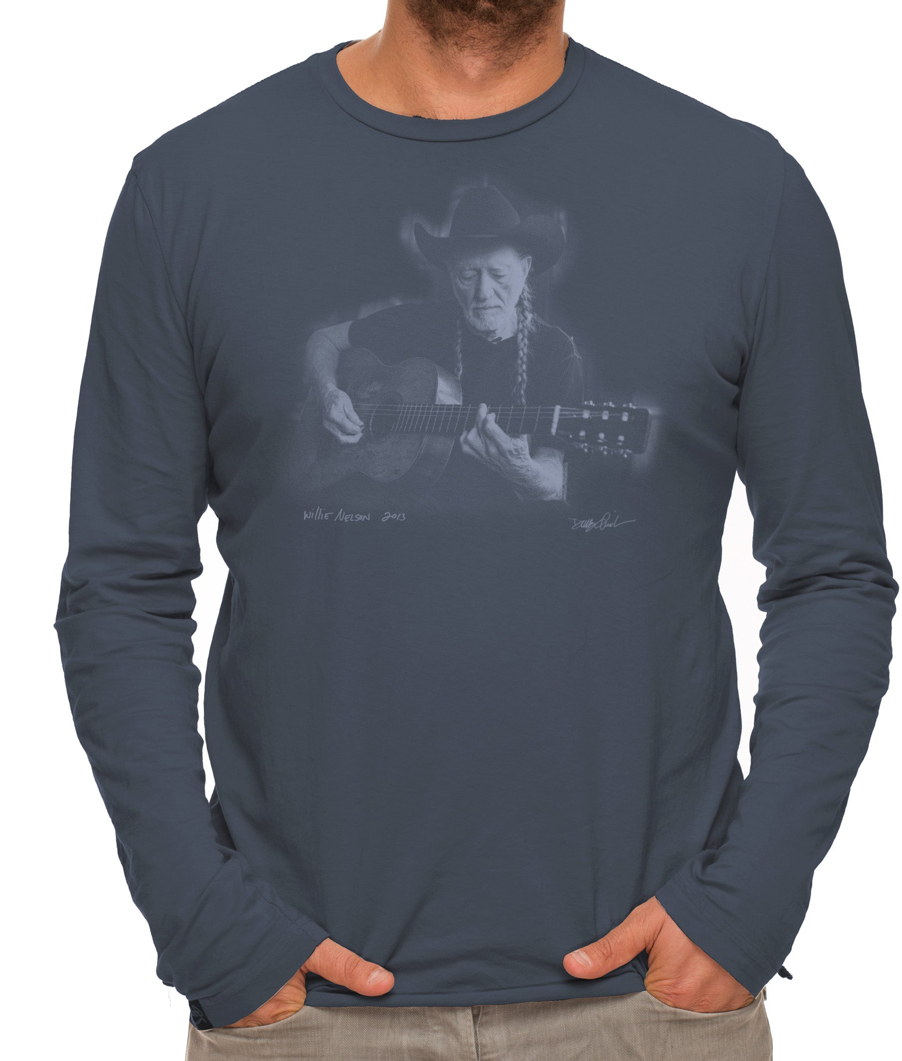 Willie Nelson (Men's Washed Indigo Long Sleeve Crew Tee)