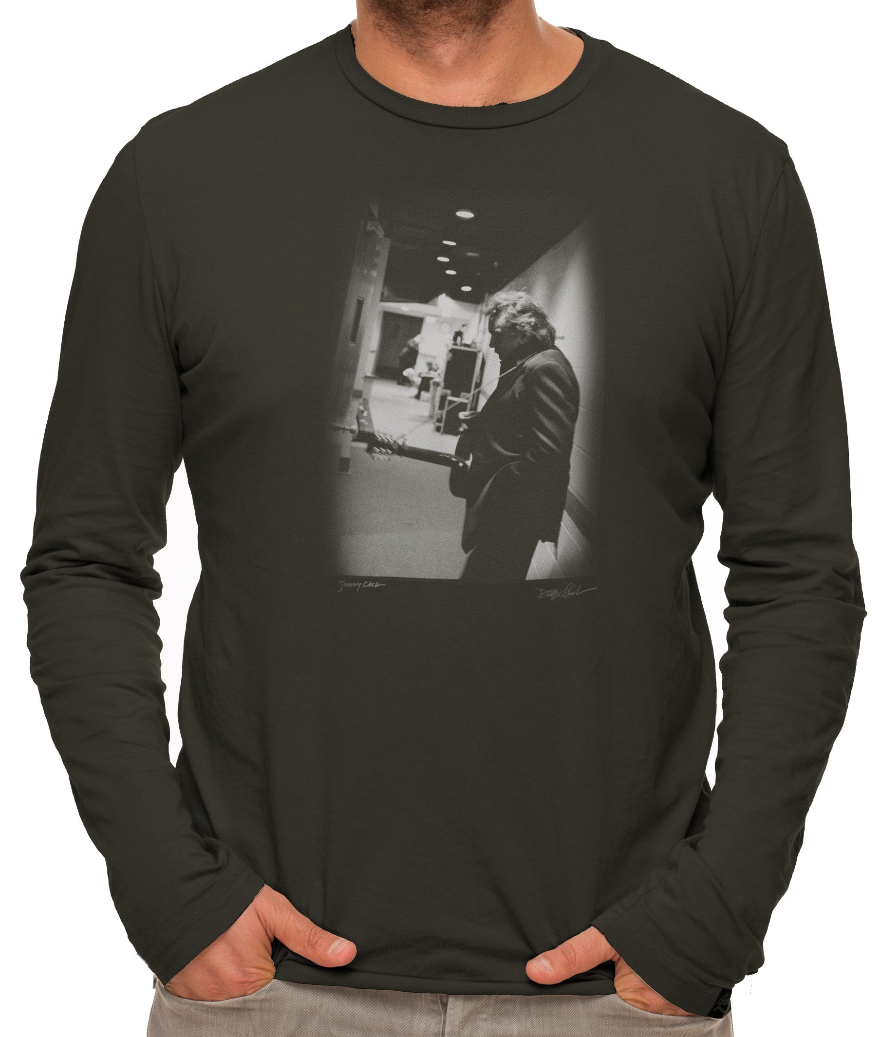 Johnny Cash (Men's Faded Black Long Sleeve Crew Tee)